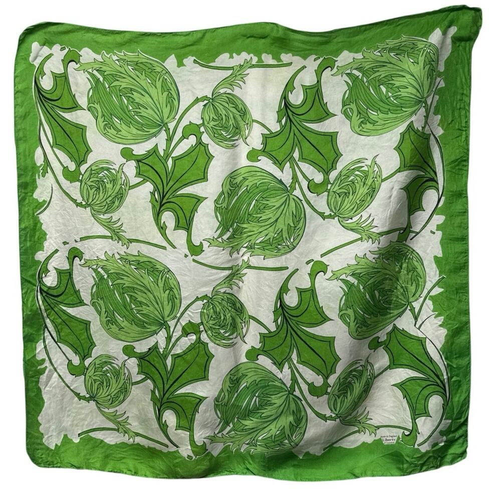 Vintage Liberty of London 27” Square 100% Silk Scarf Green Ivory Floral Vines